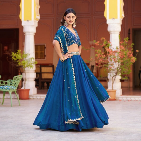 Royal Blue Fendi Lehenga Choli With Sequins Work