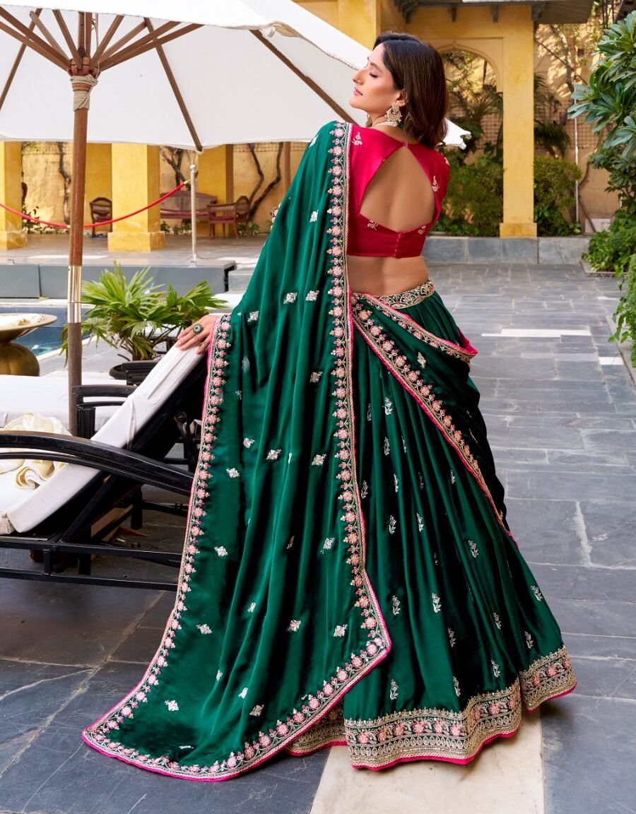 Royal Green Silk Satin Lehenga Choli With Sequins Work