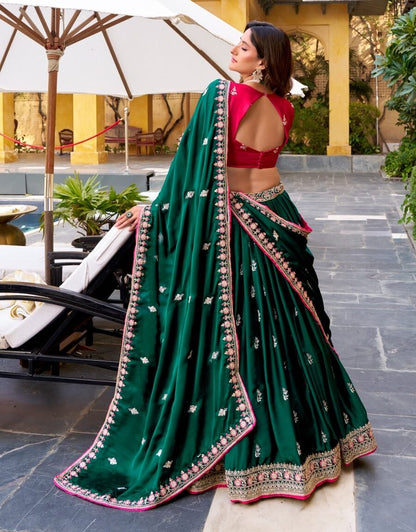 Royal Green Silk Satin Lehenga Choli With Sequins Work