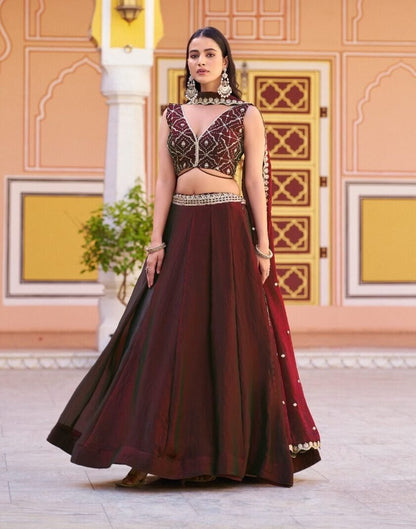 Brown Fendi Lehenga Choli With Embroidery Work