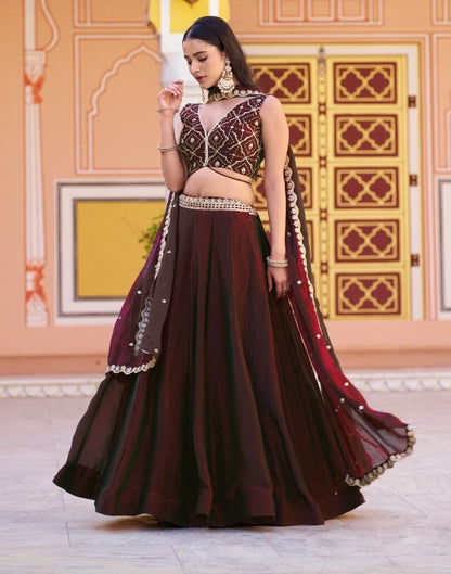 Brown Fendi Lehenga Choli With Embroidery Work
