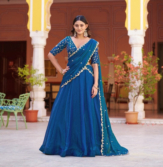 Royal Blue Fendi Lehenga Choli With Sequins Work