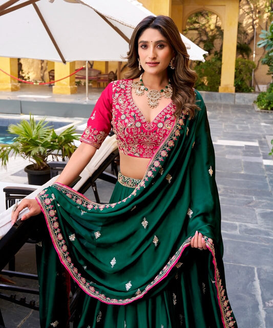 Royal Green Silk Satin Lehenga Choli With Sequins Work