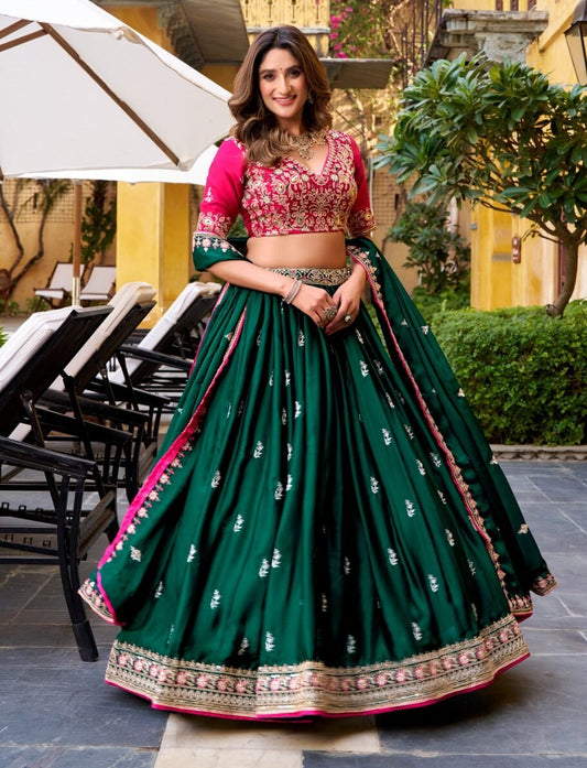 Royal Green Silk Satin Lehenga Choli With Sequins Work