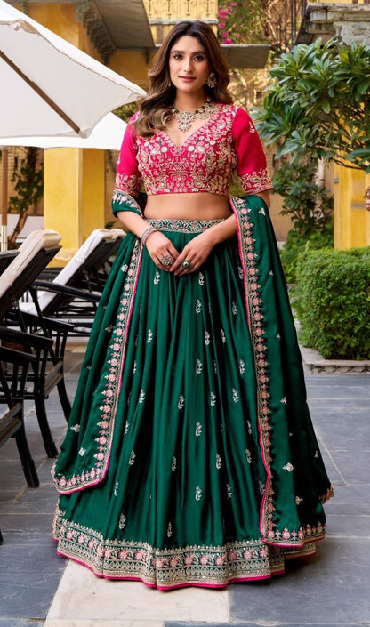 Royal Green Silk Satin Lehenga Choli With Sequins Work