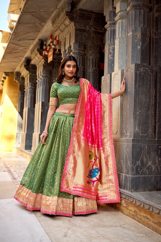 Green Shimmer Organza Lehenga Choli With Zari Weaving
