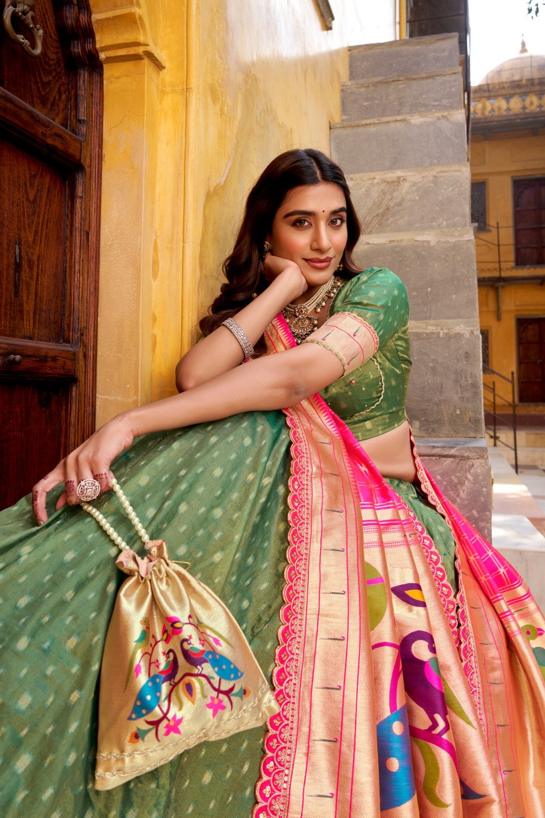 Green Shimmer Organza Lehenga Choli With Zari Weaving