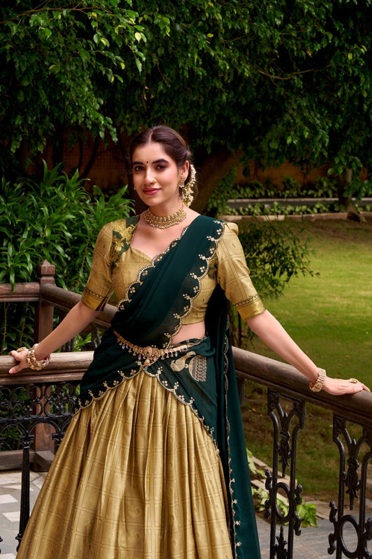 Cream Poly Cotton Lehenga Choli With Zari Weaving