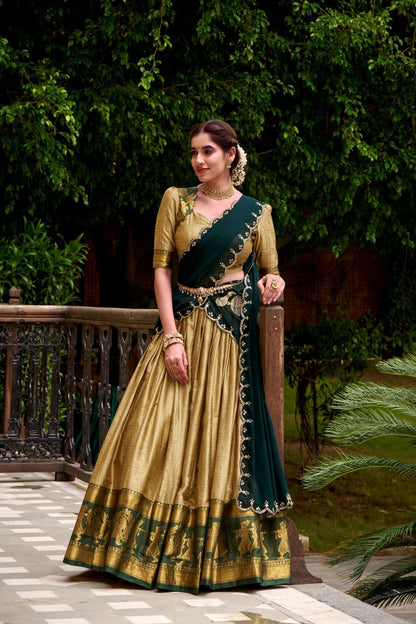 Cream Poly Cotton Lehenga Choli With Zari Weaving