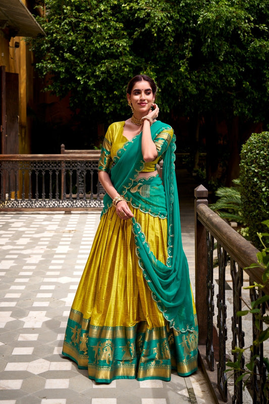 Green Poly Cotton Lehenga Choli With Zari Weaving