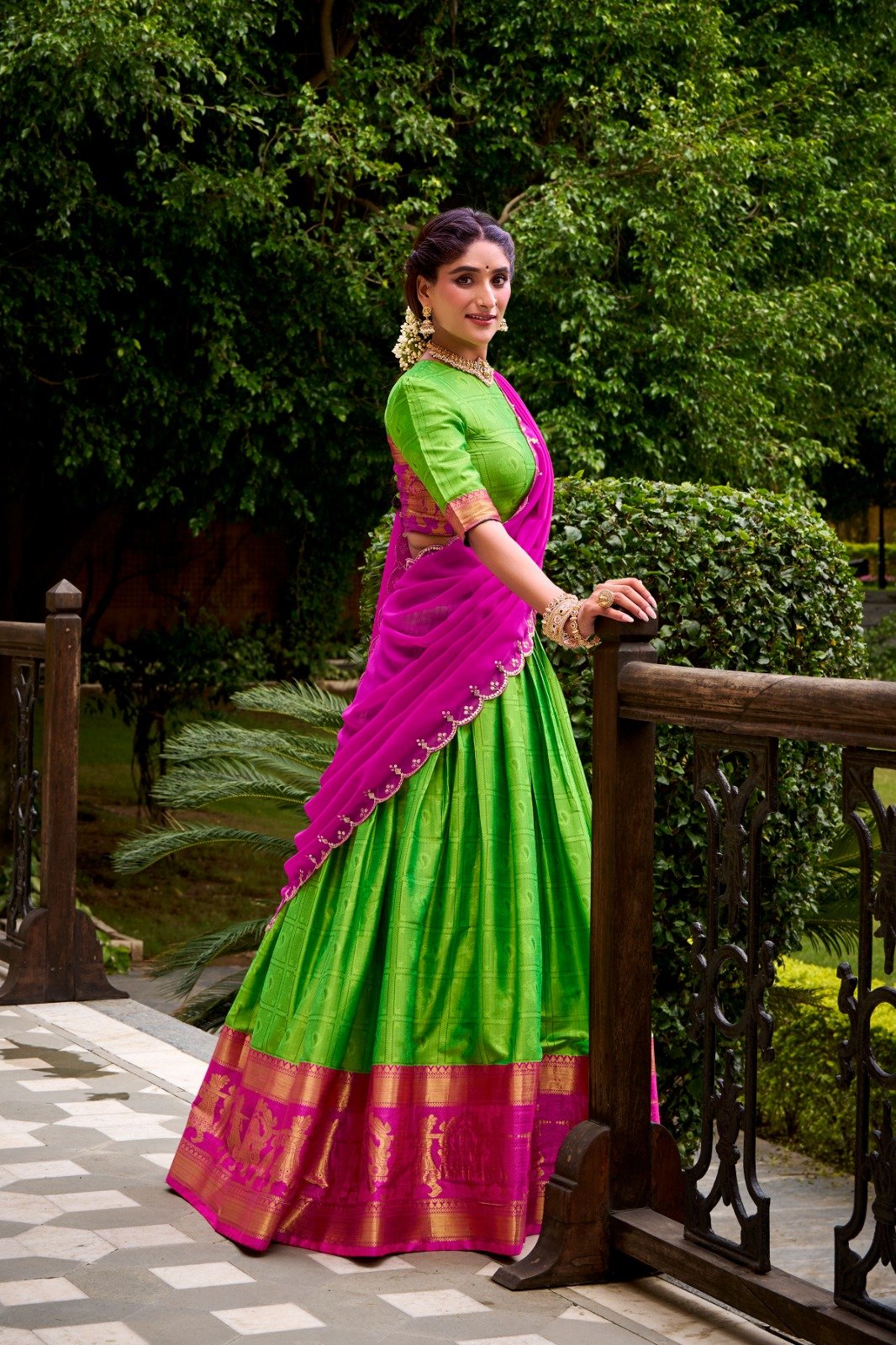 Parrot Green Poly Cotton Lehenga Choli With Zari Weaving