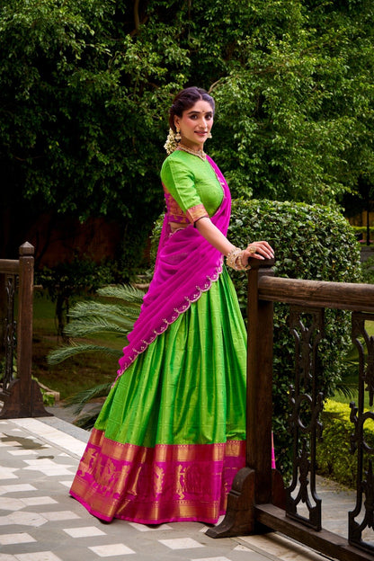 Parrot Green Poly Cotton Lehenga Choli With Zari Weaving