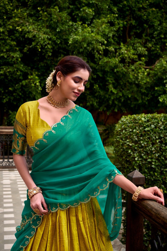 Green Poly Cotton Lehenga Choli With Zari Weaving