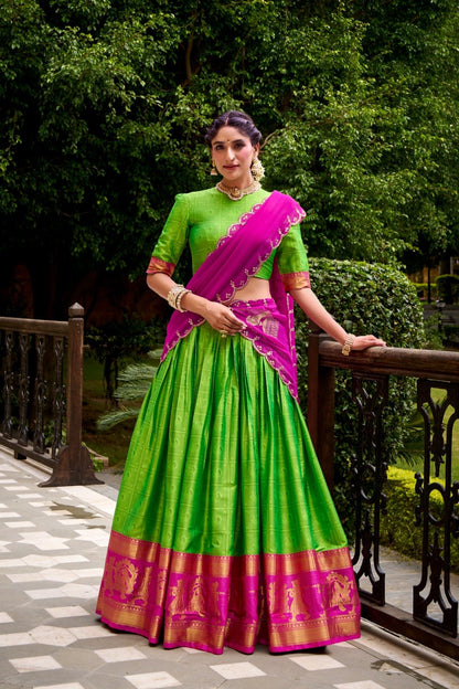 Parrot Green Poly Cotton Lehenga Choli With Zari Weaving