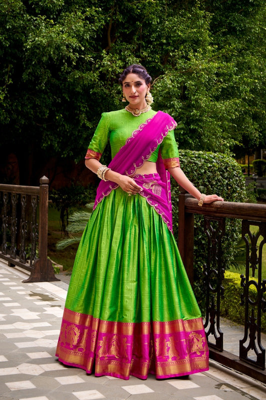 Parrot Green Poly Cotton Lehenga Choli With Zari Weaving