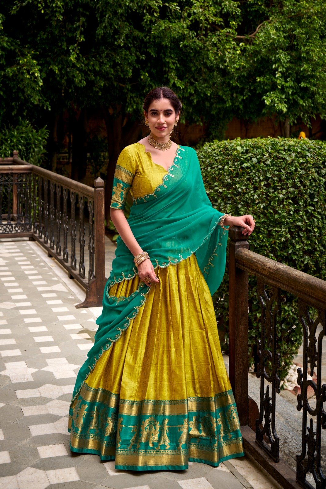 Green Poly Cotton Lehenga Choli With Zari Weaving