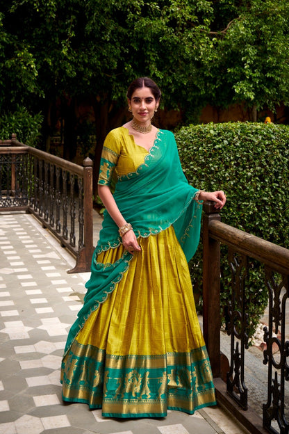Green Poly Cotton Lehenga Choli With Zari Weaving
