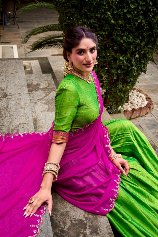 Parrot Green Poly Cotton Lehenga Choli With Zari Weaving