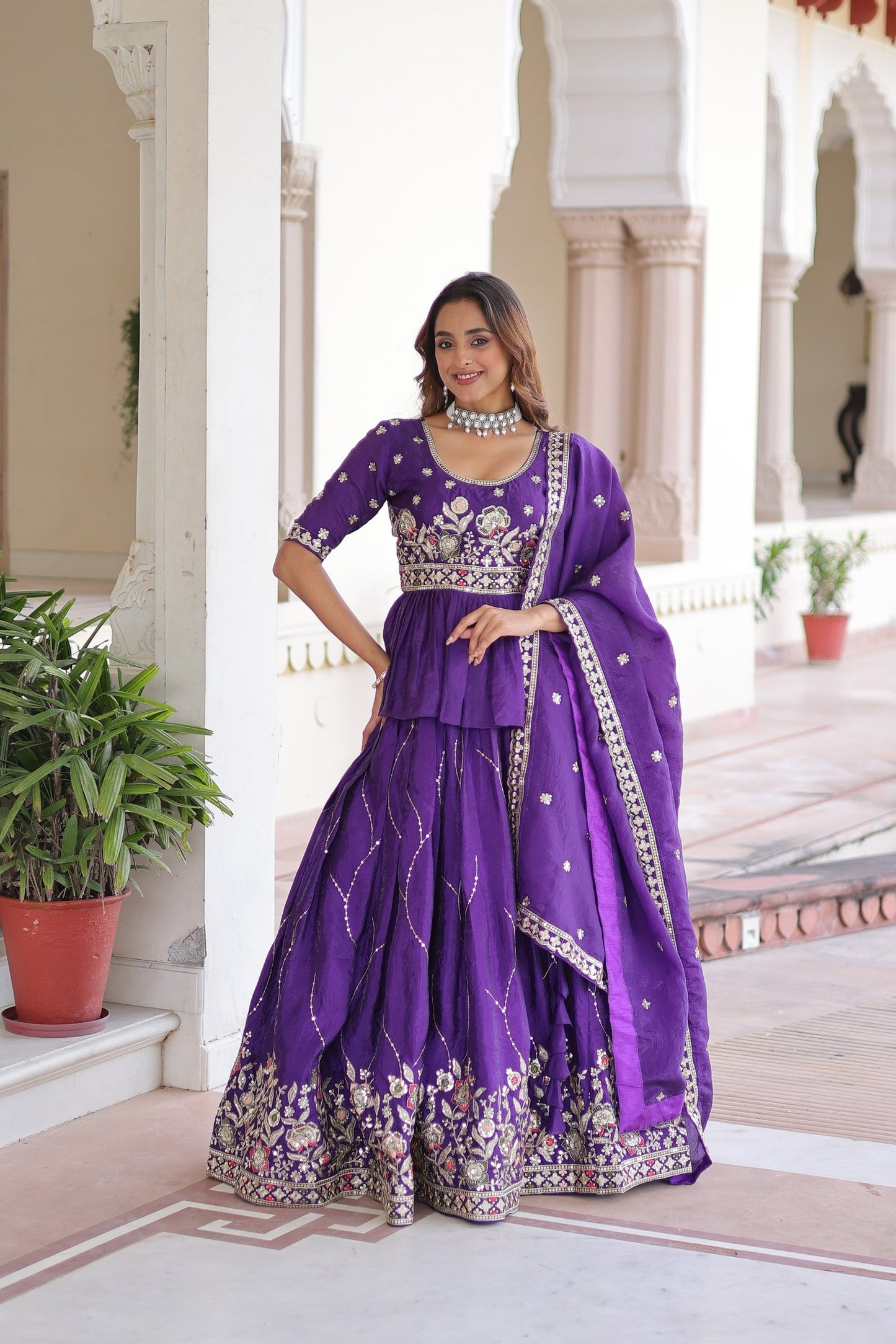 Purple Gold Crush Lehenga Choli With Multi Thread Embroidery