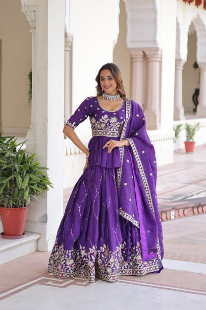 Purple Gold Crush Lehenga Choli With Multi Thread Embroidery