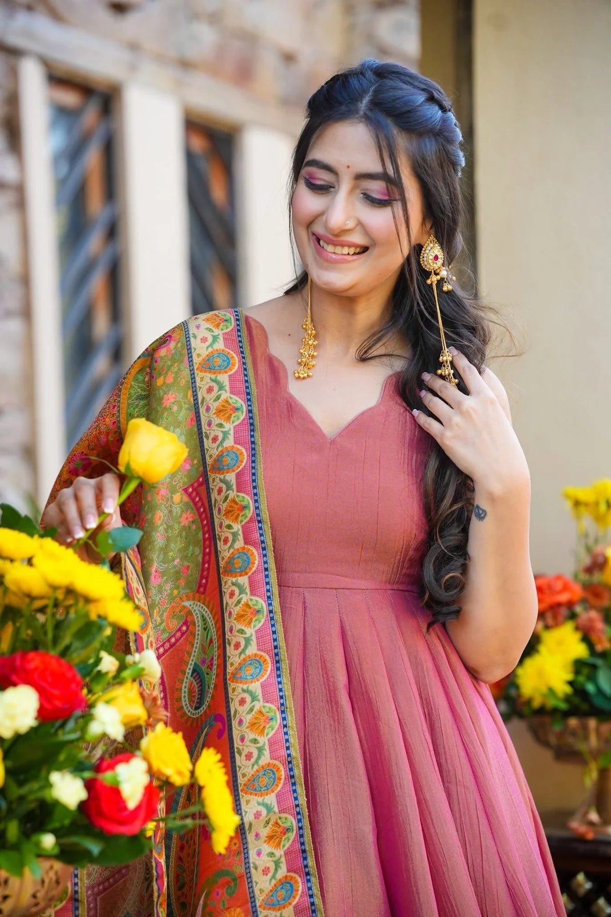 Latest Navyara Pink Silk Crush Anarkali Gown With Print Work