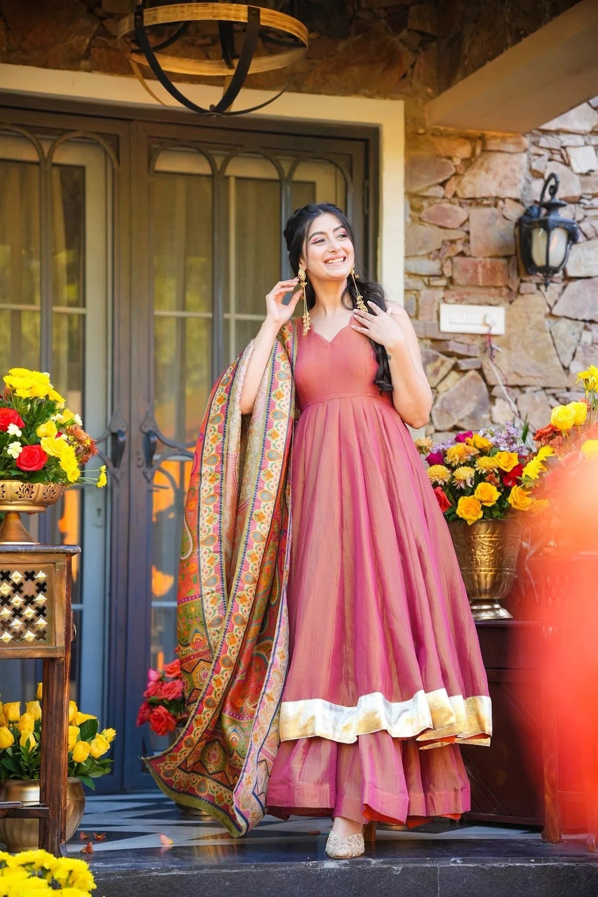 Latest Navyara Pink Silk Crush Anarkali Gown With Print Work