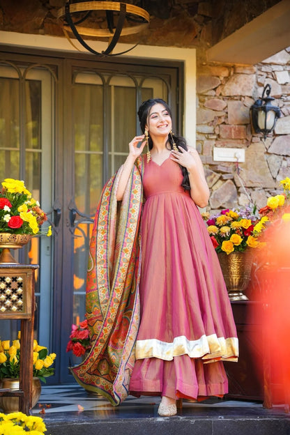 Latest Navyara Pink Silk Crush Anarkali Gown With Print Work