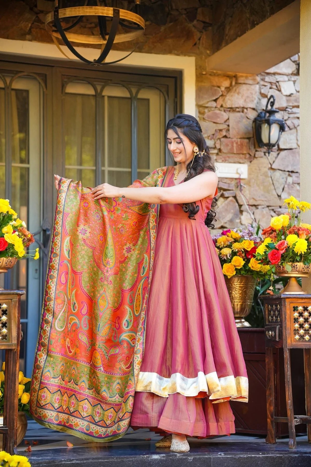 Latest Navyara Pink Silk Crush Anarkali Gown With Print Work