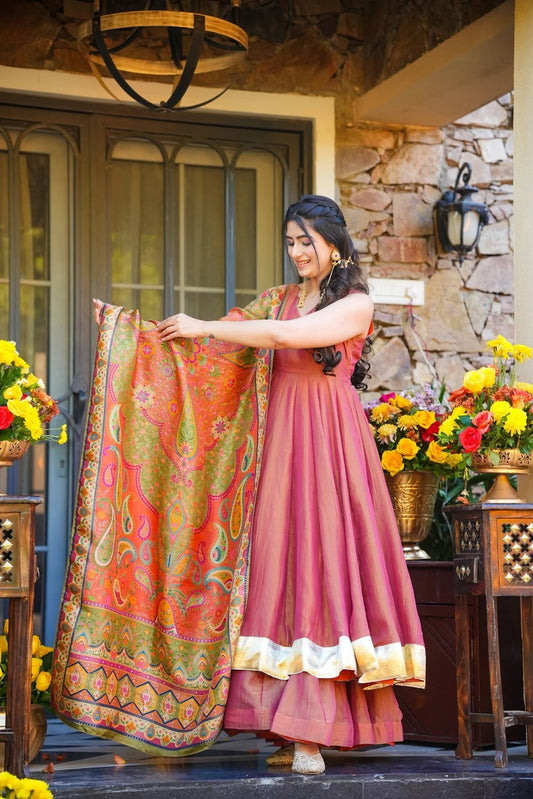 Latest Navyara Pink Silk Crush Anarkali Gown With Print Work