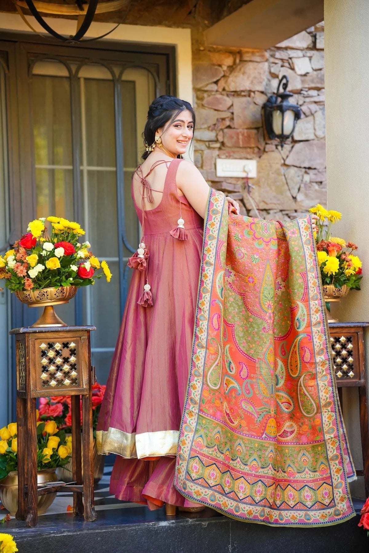 Latest Navyara Pink Silk Crush Anarkali Gown With Print Work