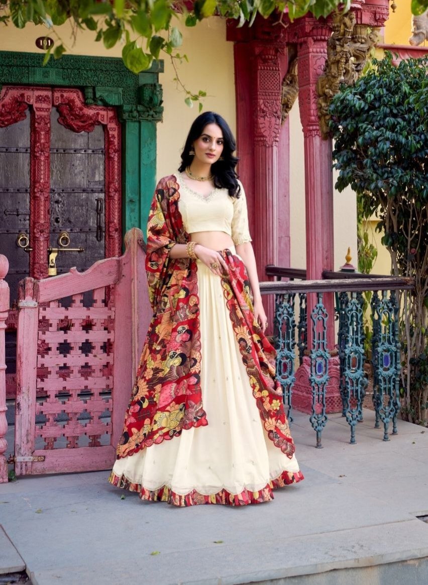 Off-White Vichitra Silk Lehenga Choli With Sequins Work