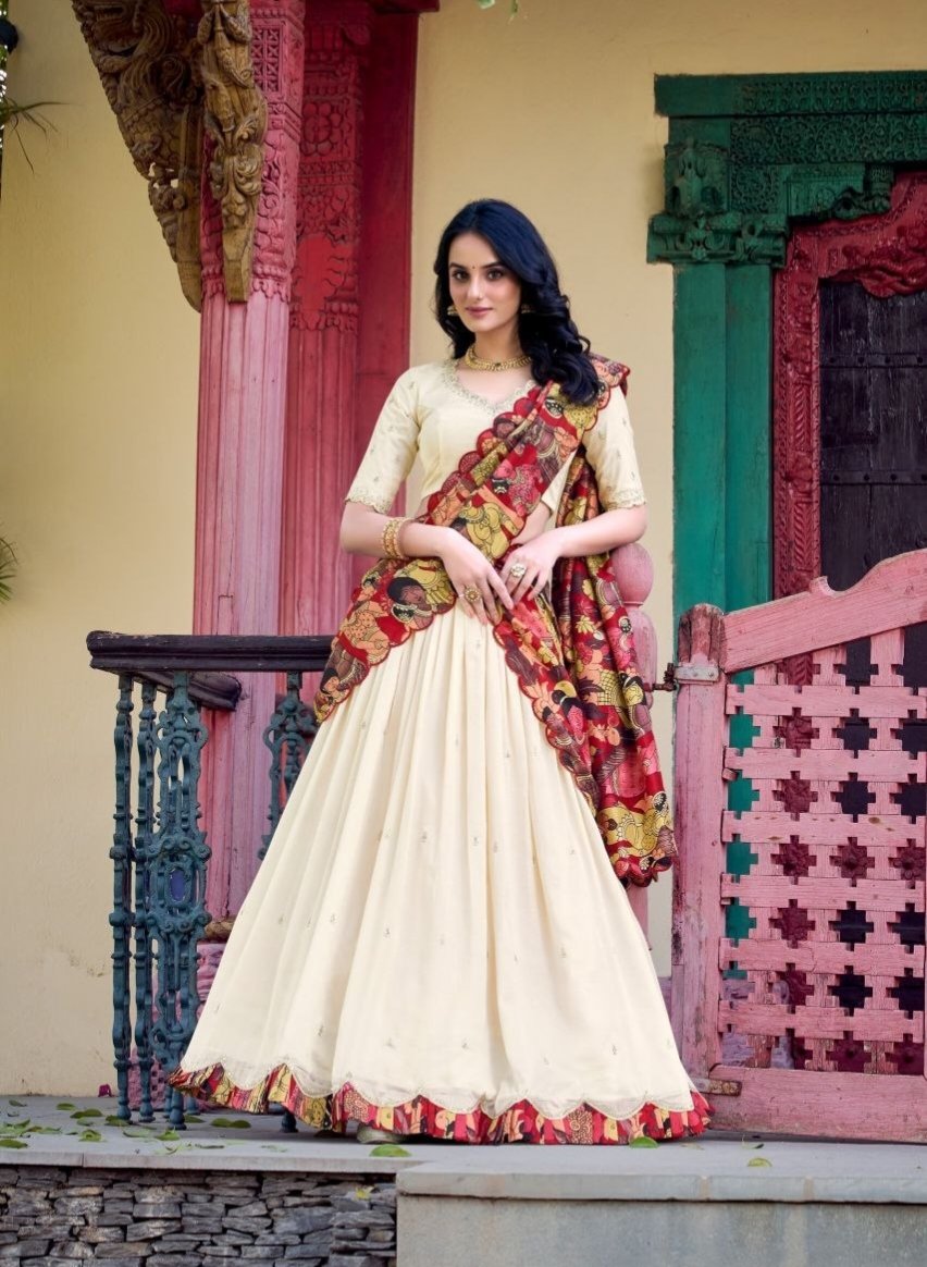 Off-White Vichitra Silk Lehenga Choli With Sequins Work