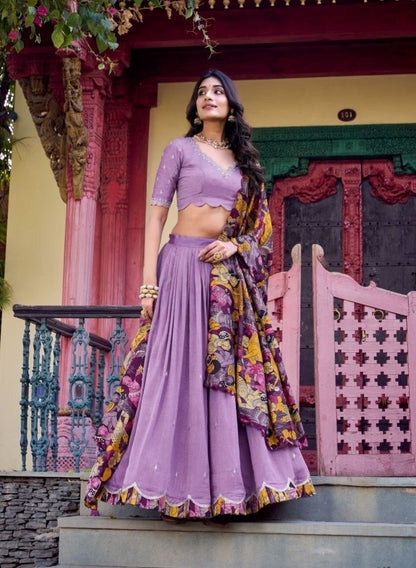 Lavender Vichitra Silk Embroidered Lehenga With Sequins Work