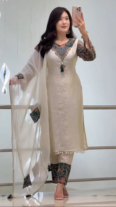 Cream Banarasi Silk Suit Set With Embroidery Work