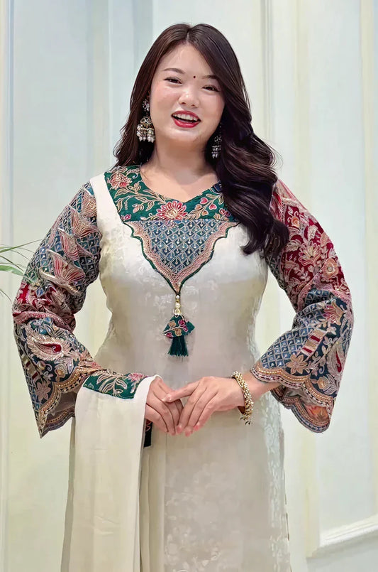 Cream Banarasi Silk Suit Set With Embroidery Work