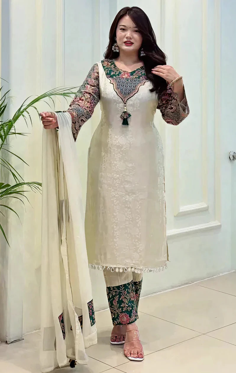 Cream Banarasi Silk Suit Set With Embroidery Work