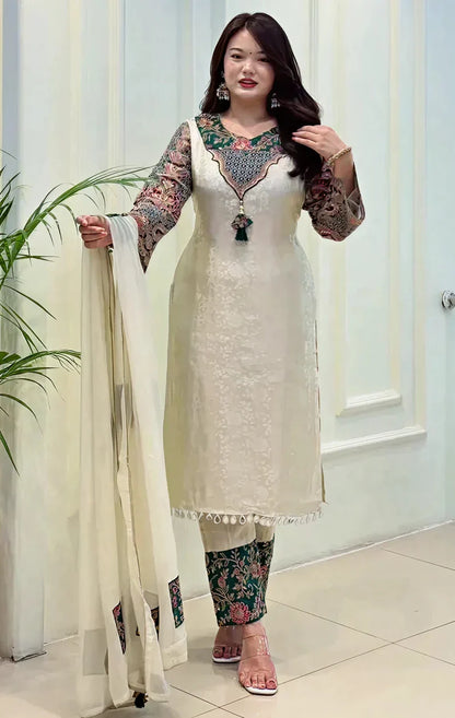Cream Banarasi Silk Suit Set With Embroidery Work