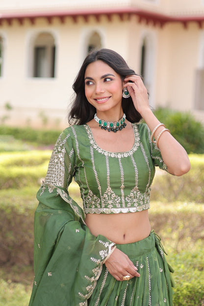 Trending Green Gold Crush Lehenga Choli With Sequins Work