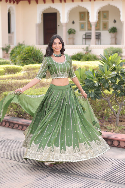 Trending Green Gold Crush Lehenga Choli With Sequins Work