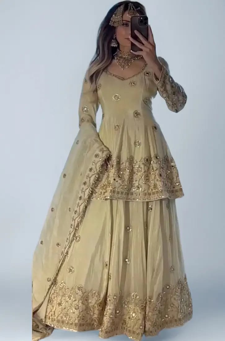 Premium Embroidered Chinon Semi-beads Real Mirror Lehenga