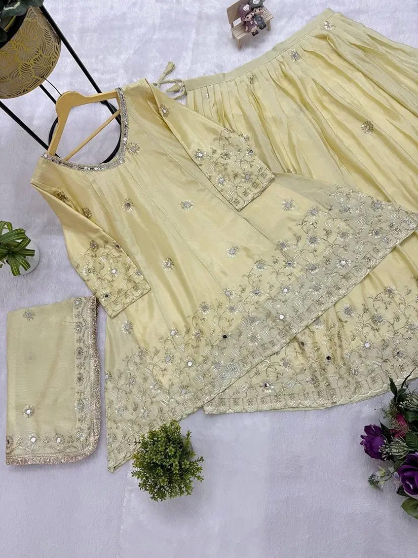 Premium Embroidered Chinon Semi-beads Real Mirror Lehenga