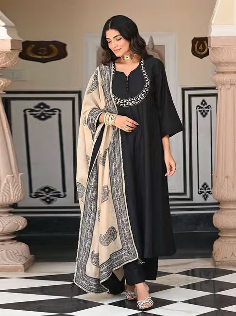 Classy Black Anarkali Kurti Set With Mirror Embroidery Work