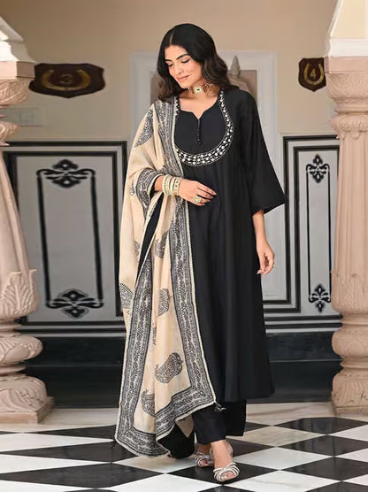 Classy Black Anarkali Kurti Set With Mirror Embroidery Work