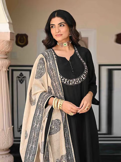 Classy Black Anarkali Kurti Set With Mirror Embroidery Work