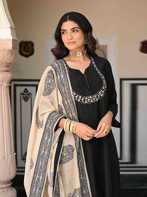 Classy Black Anarkali Kurti Set With Mirror Embroidery Work