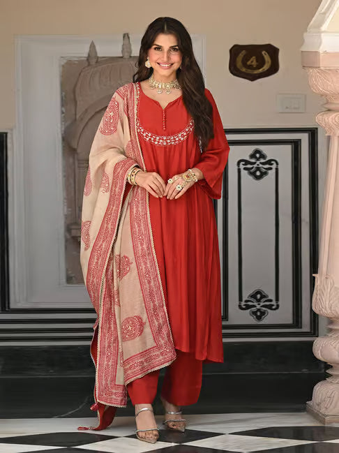 Premium Red Anarkali Kurti Set With Mirror Embroidery Work