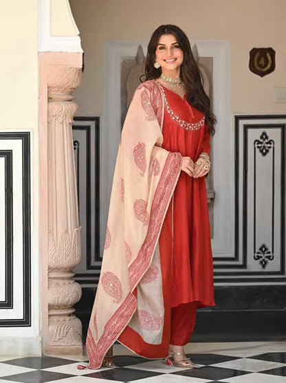 Premium Red Anarkali Kurti Set With Mirror Embroidery Work