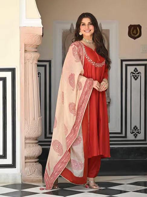 Premium Red Anarkali Kurti Set With Mirror Embroidery Work