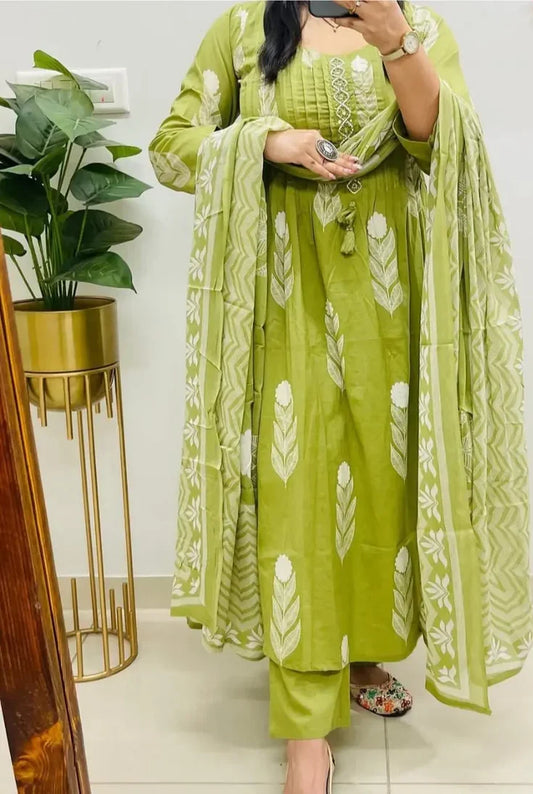 Mehendi Green Cotton Kurti Suit With Hand Work