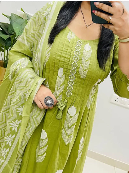 Mehendi Green Cotton Kurti Suit With Hand Work